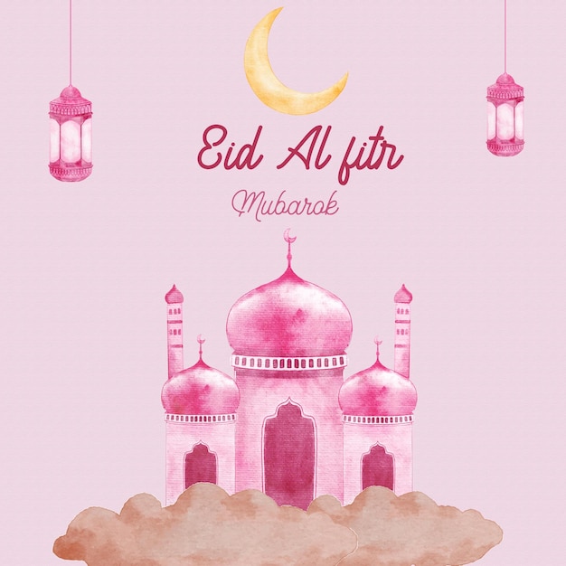 Eid al fitr aquarela com lanterna de mesquita e crescente