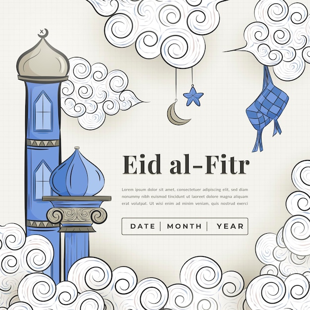 Eid al fitr background com estilo desenhado à mão e ornamento islâmico do ramadã