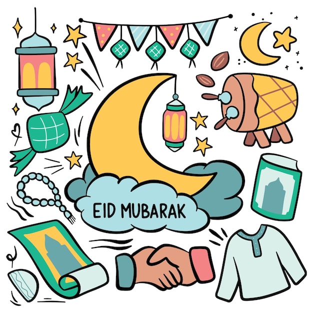 Vetor eid al fitr doodle desenhado à mão idul fitri elemento de design de desenho animado