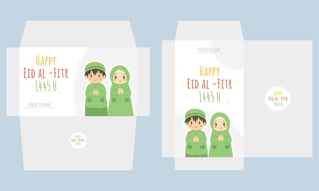 Vetor eid al fitr envelope de dinheiro com crianças muçulmanas saudação ilustração vetor