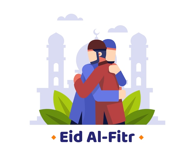 Eid al fitr fundo com dois muçulmanos se abraçam