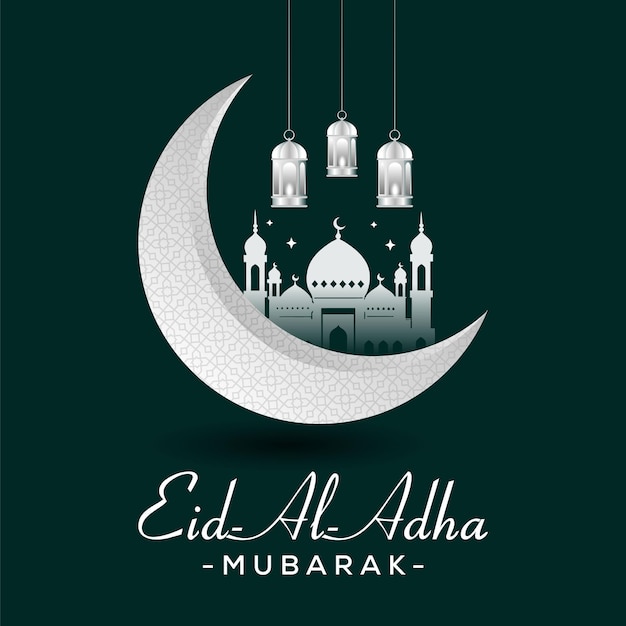 Eid AlAdha Mubarak Uma ilustração festiva com Mesquita da Lua e Lanternas