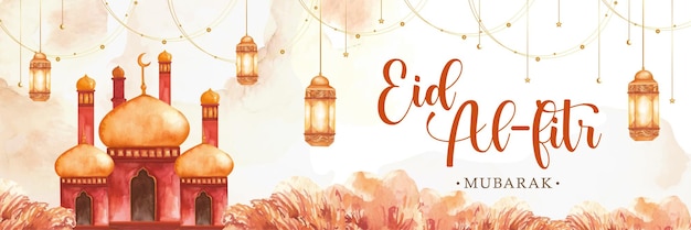 Eid alfitr banner design com mesquita e lanterna árabe pintura aquarela