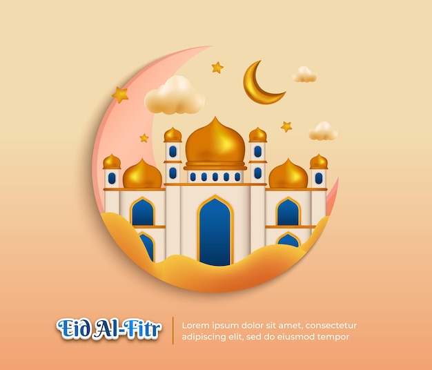 Eid alfitr fundo com mesquita 3D e lua crescente