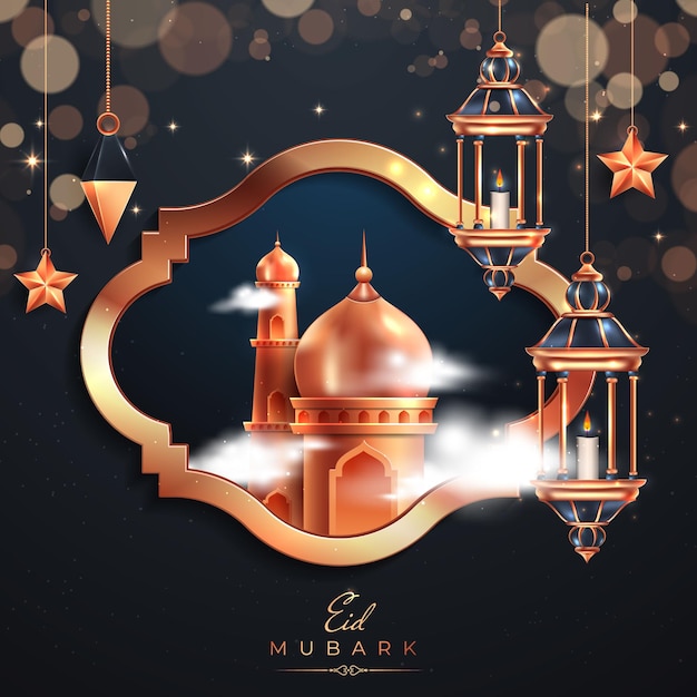 Eid mubarak árabe elegante fundo islâmico ornamental de luxo com estrela de lanterna de lua dourada decorativa islâmica