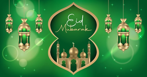 Eid mubarak banner design com lanternas penduradas e mesquita