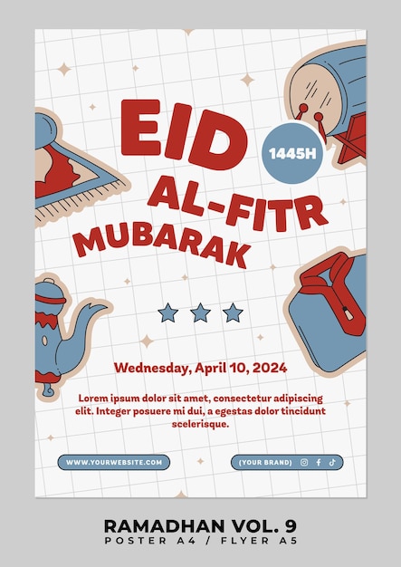 Vetor eid mubarak cartaz flyer bandeira com objeto árabe e caligrafia eid alfitr vetor