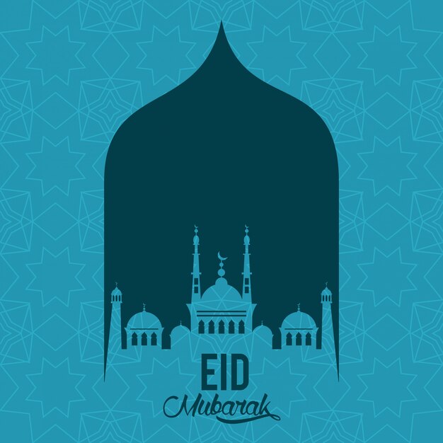 Eid mubarak design com silhueta de mesquita