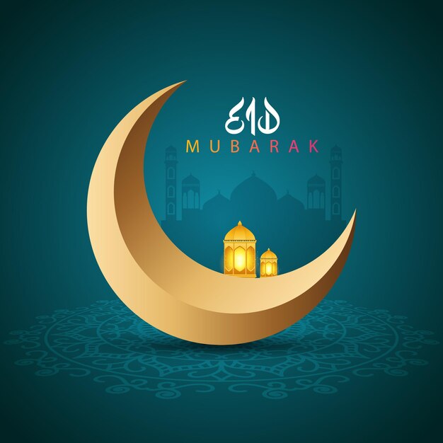 Vetor eid mubarak design islâmico lua crescente e árabe eid mubarak design de postagem de mídia social