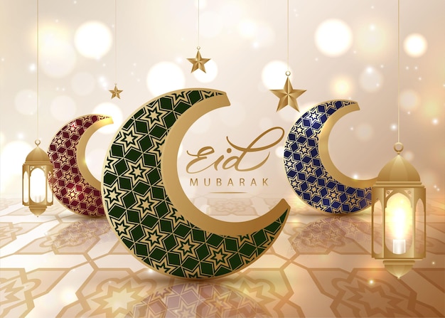 Vetor eid mubarak eid al adha cartaz de cartão de cumprimentos eid al fitr com lua crescente realista e estrela