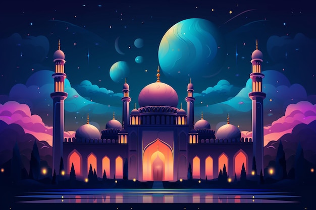 Eid mubarak fundo com mesquita e lanternas