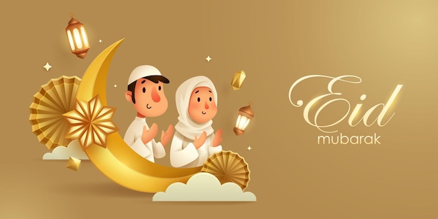 Eid Mubarak fundo de festival islâmico dourado com lua crescente de oração muçulmana