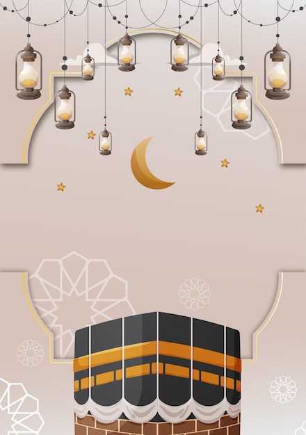 Eid mubarak fundo islâmico com lanterna e kabaa