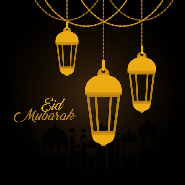 Eid mubarak lanternas de ouro vector design