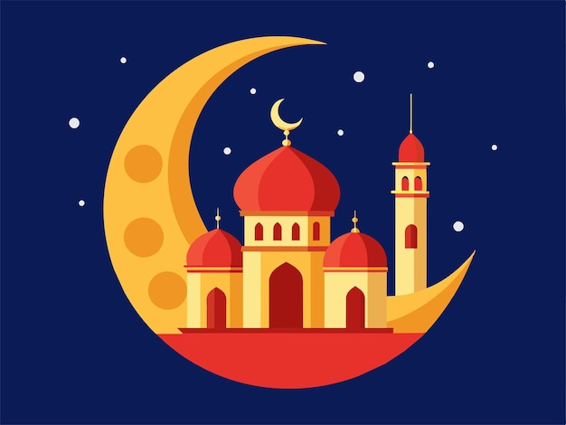 Eid Mubarak Mosque and Crescent Moon at Night
