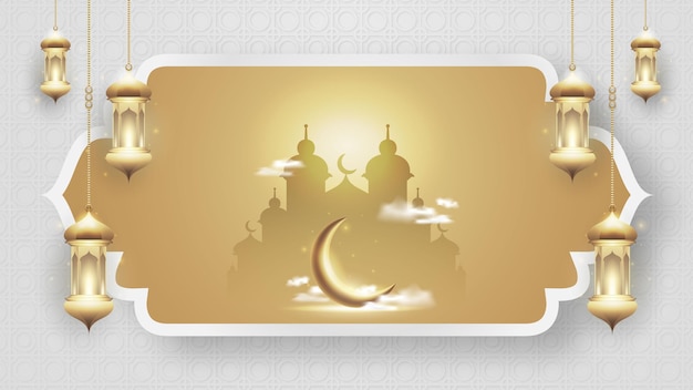 Eid mubarak ou ramadan festival islâmico lua lanterna decorativa e fundo de luxo da mesquita