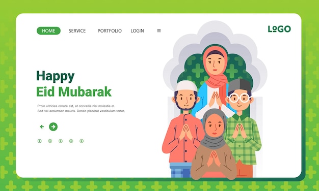 Eid mubarak ramadhan grupo de saudação homem e mulher pedindo desculpas bandeira da página de destino da tradição