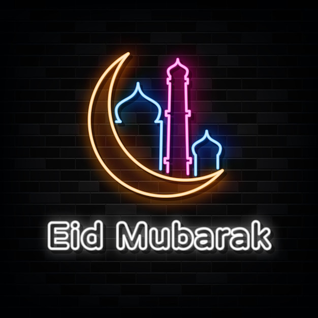 Eid mubarak sinal de néon elemento de design banner de luz anúncio placa de néon