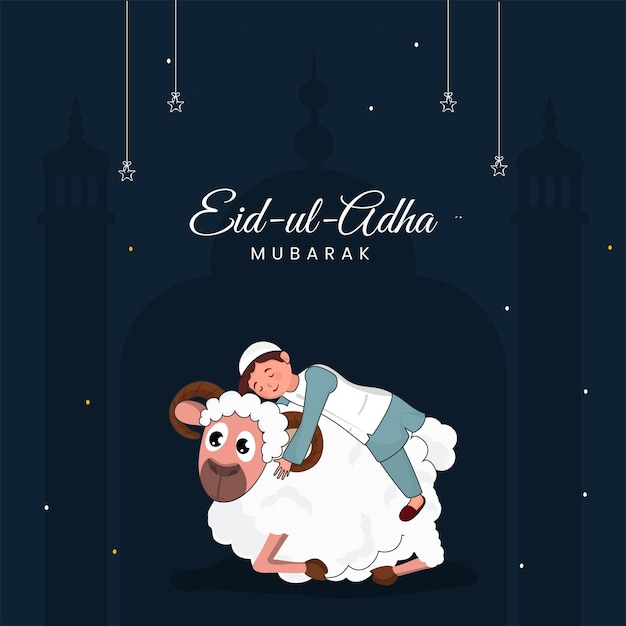 Eid ul adha mubarak cartaz design com menino islâmico abraçando ovelhas dos desenhos animados estrelas pendurar no fundo da mesquita silhueta azul