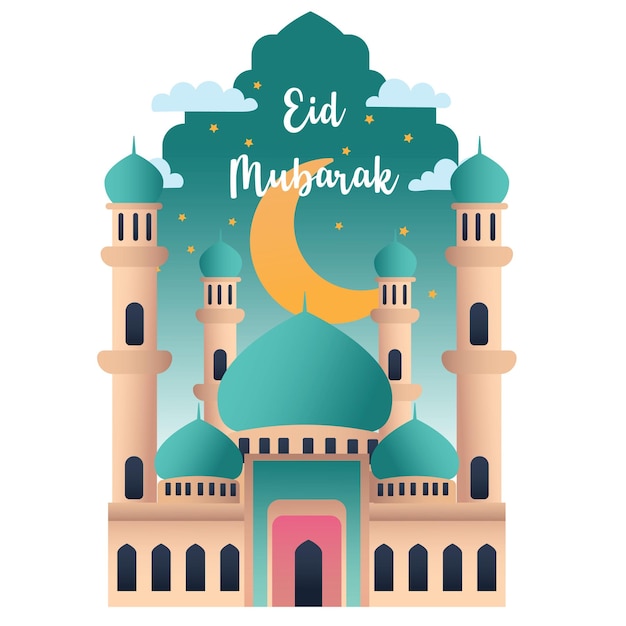 Eid ul-Fitr Mubarak Uma celebração de fundo com mesquitas e luas crescentes