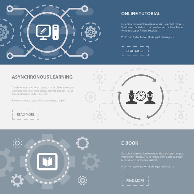 ELearning 3 modelo de banners de página da web horizontal com tutorial on-line Conceito de eBook de aprendizagem assíncrona Ilustração de ícones isolados modernos planos