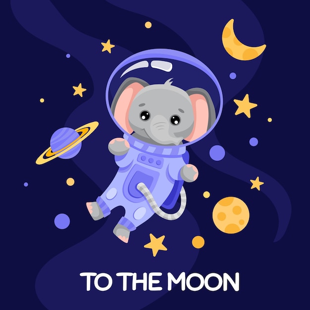 Elefante astronauta em traje espacial para panfleto de festa de aniversário crianças imprimem textura e chá de bebê