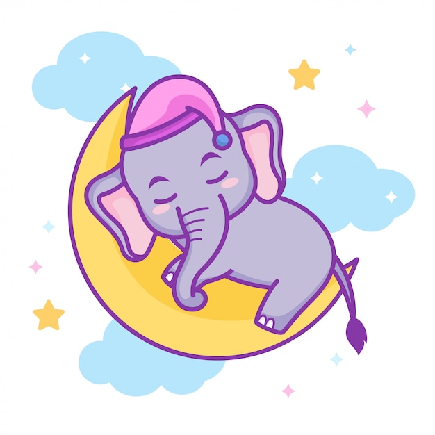 Elefante bebê fofo dormindo na lua crescente