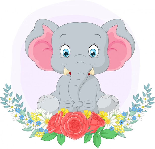 Elefante bonito dos desenhos animados, sentado com fundo de flores
