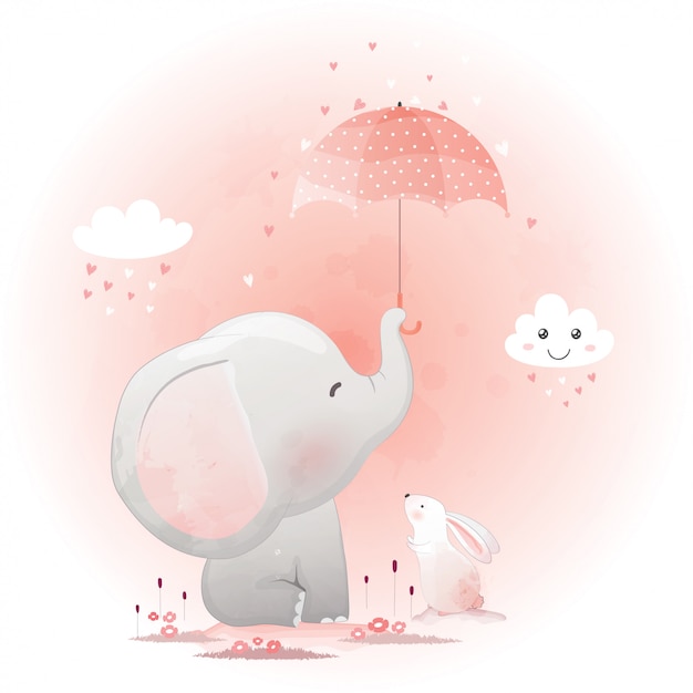 Elefante bonito e coelho com guarda-chuva.