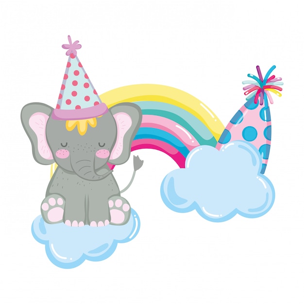 Elefante bonito e pequeno com chapéu de festa e arco-íris rrr