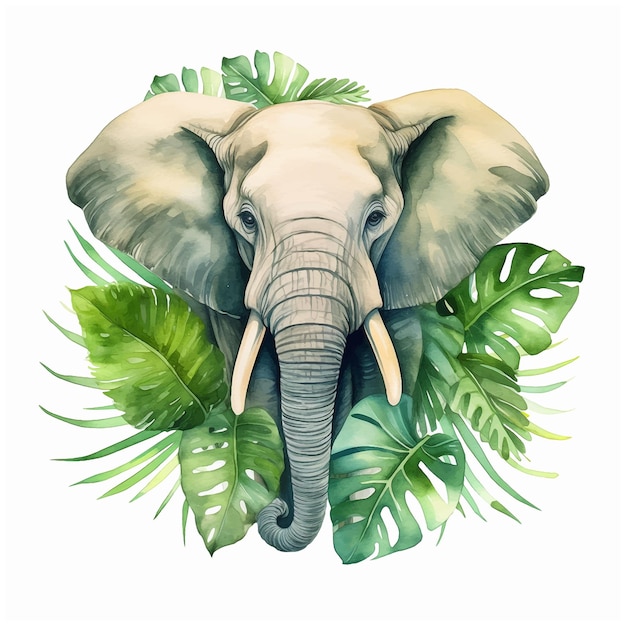 Vetor elefante cercado por folhas pintura aquarela