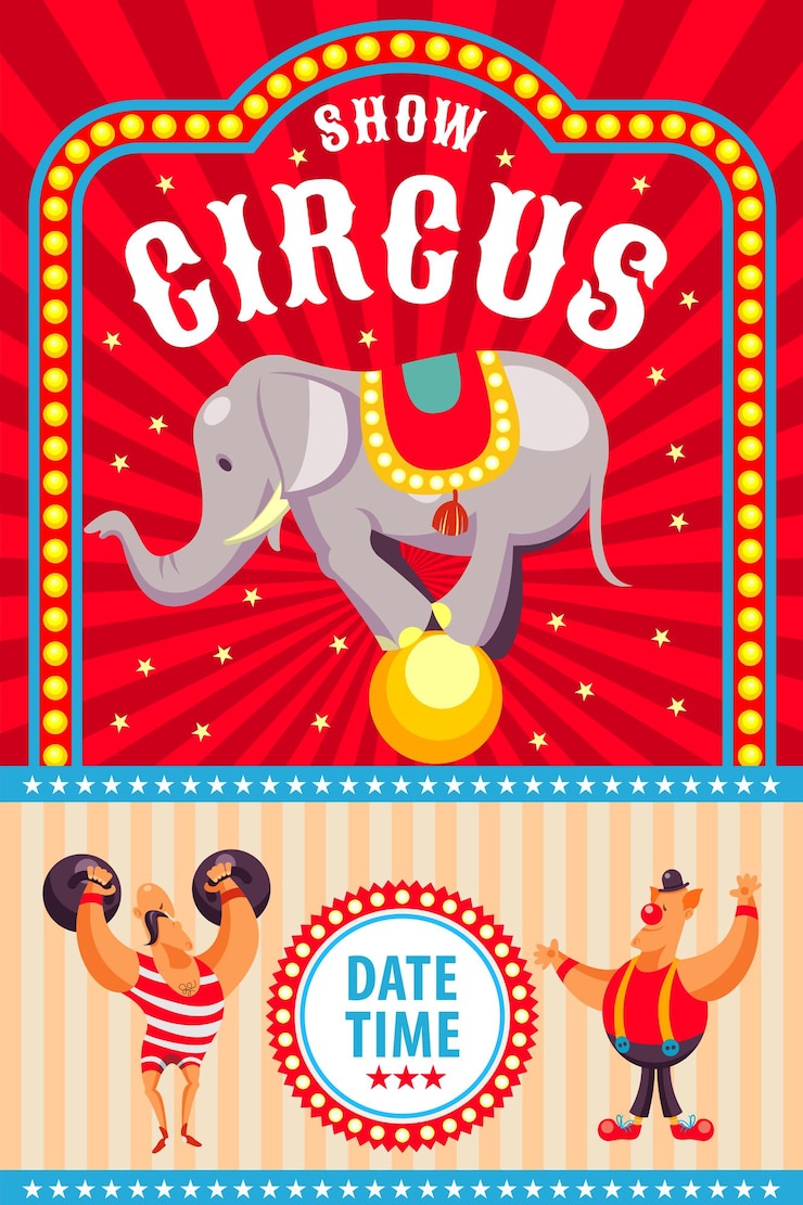 Vetor elefante de circo, homem forte de circo, palhaço.