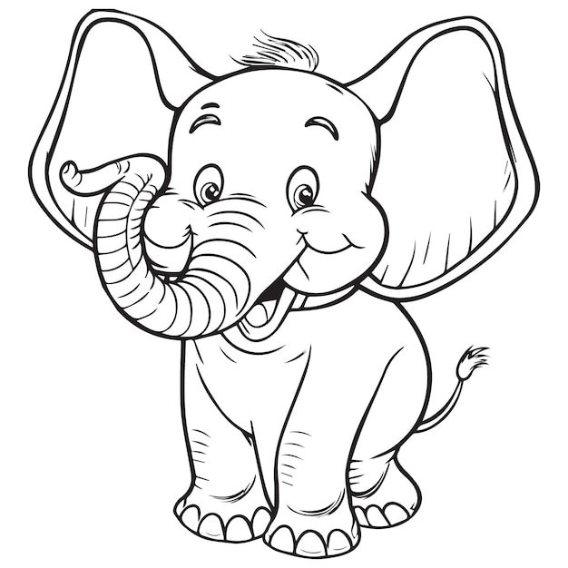 Vetor elefante de desenho animado bonito e feliz ilustração vetorial de esboçoadorável animal de zoológico para livro de colorir