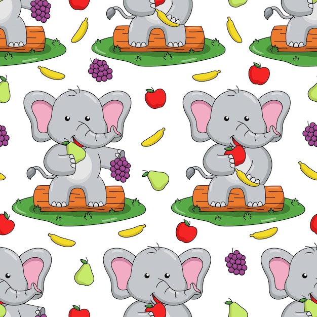 Vetor elefante de desenho animado comendo design de padrão sem costura de frutas