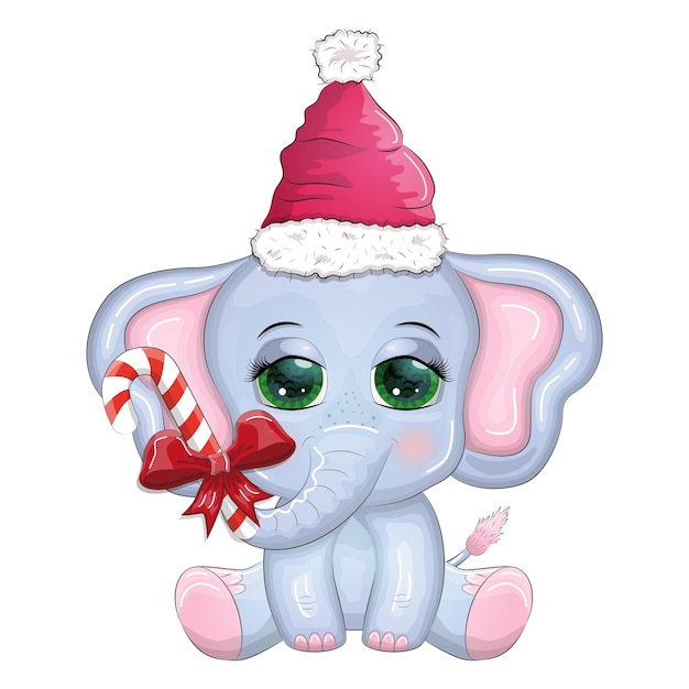 Elefante de desenho animado fofo personagem infantil com lindos olhos usando cachecol de chapéu de Papai Noel segurando bola de natal de presente