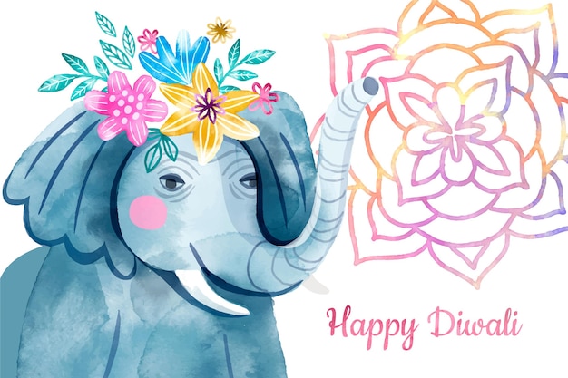 Elefante diwali feliz em aquarela com flores na cabeça