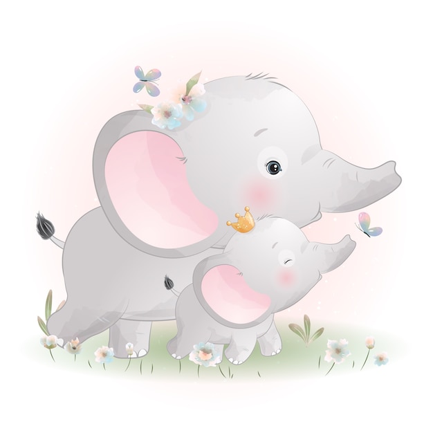 Elefante doodle fofo com ilustração floral