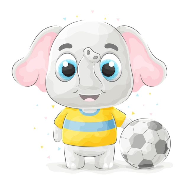 Elefante doodle fofo jogando futebol com ilustração em aquarela