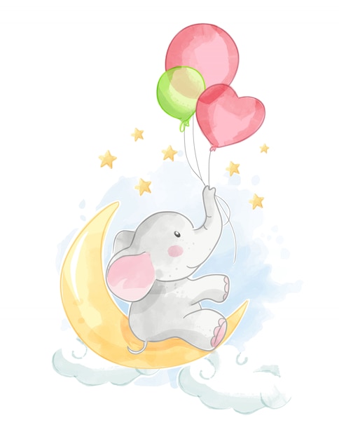Elefante dos desenhos animados com balão na lua