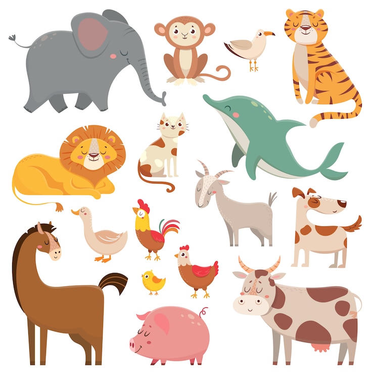 Vetor elefante dos desenhos animados da criança, gaivota, golfinho, animal selvagem. animais de estimação, fazenda e animais da selva vector coleção de ilustração dos desenhos animados
