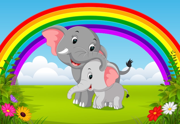 Elefante e bebê elefante na selva com arco-íris