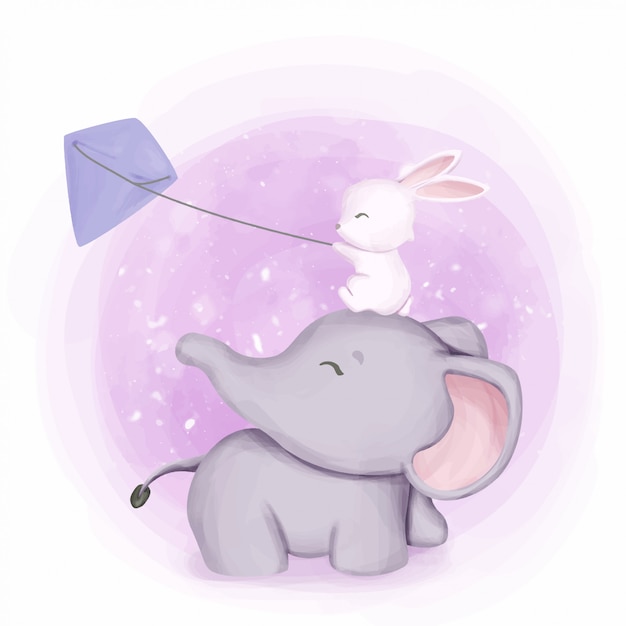 Elefante e coelho brincando pipa