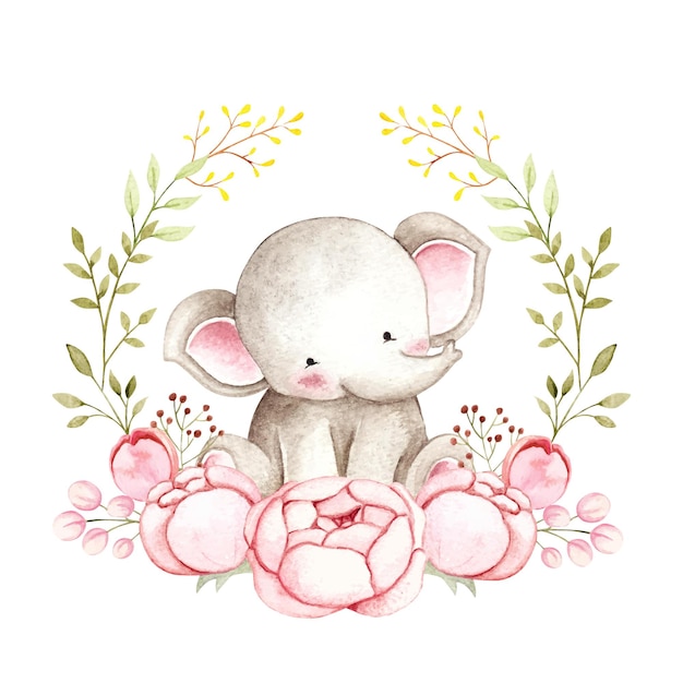 Elefante em aquarela com coroa de flores rosa