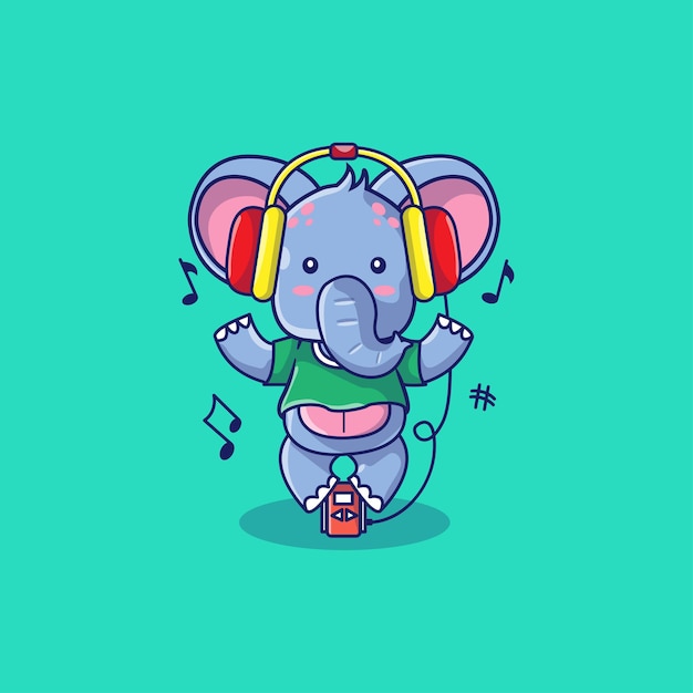 Vetor elefante fofo com ilustração de fone de ouvido