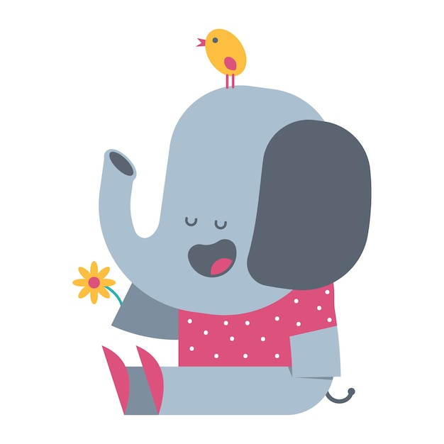 Elefante fofo com personagem de desenho animado vetor de pássaros e flores isolado em um fundo branco