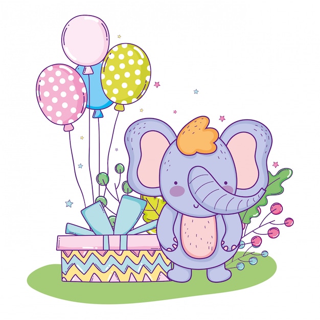 Elefante fofo feliz aniversário com presente presente e balões