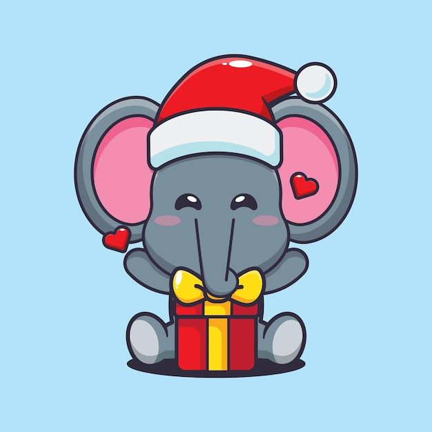 Elefante fofo feliz com presente de natal. ilustração bonito dos desenhos animados de natal.