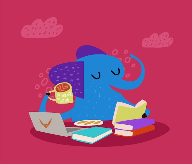 Vetor elefante fofo lendo livro e curtindo com ilustração de café