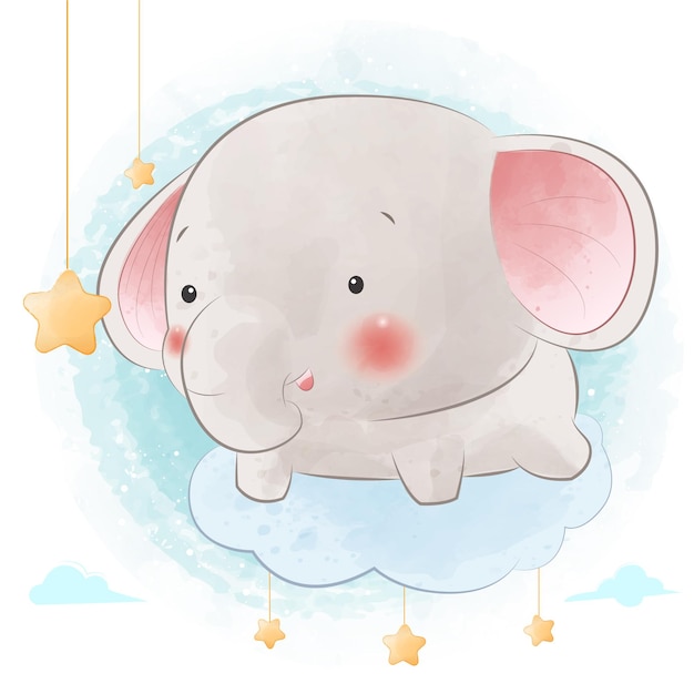 Elefante fofo sentado na nuvem