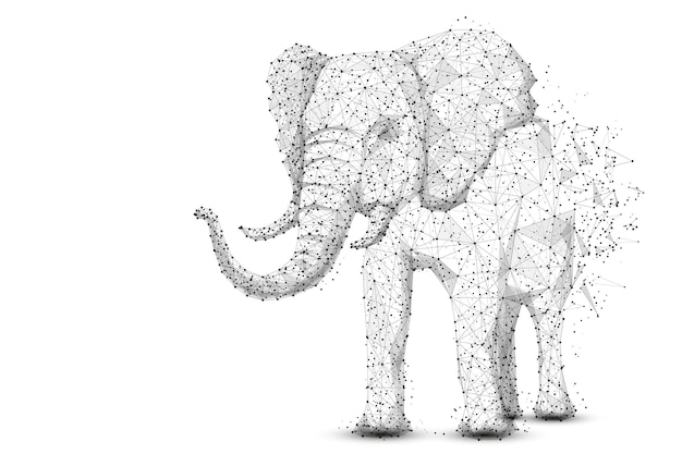 Elefante isolado de wireframe de poliéster em fundo branco. animal africano e indiano